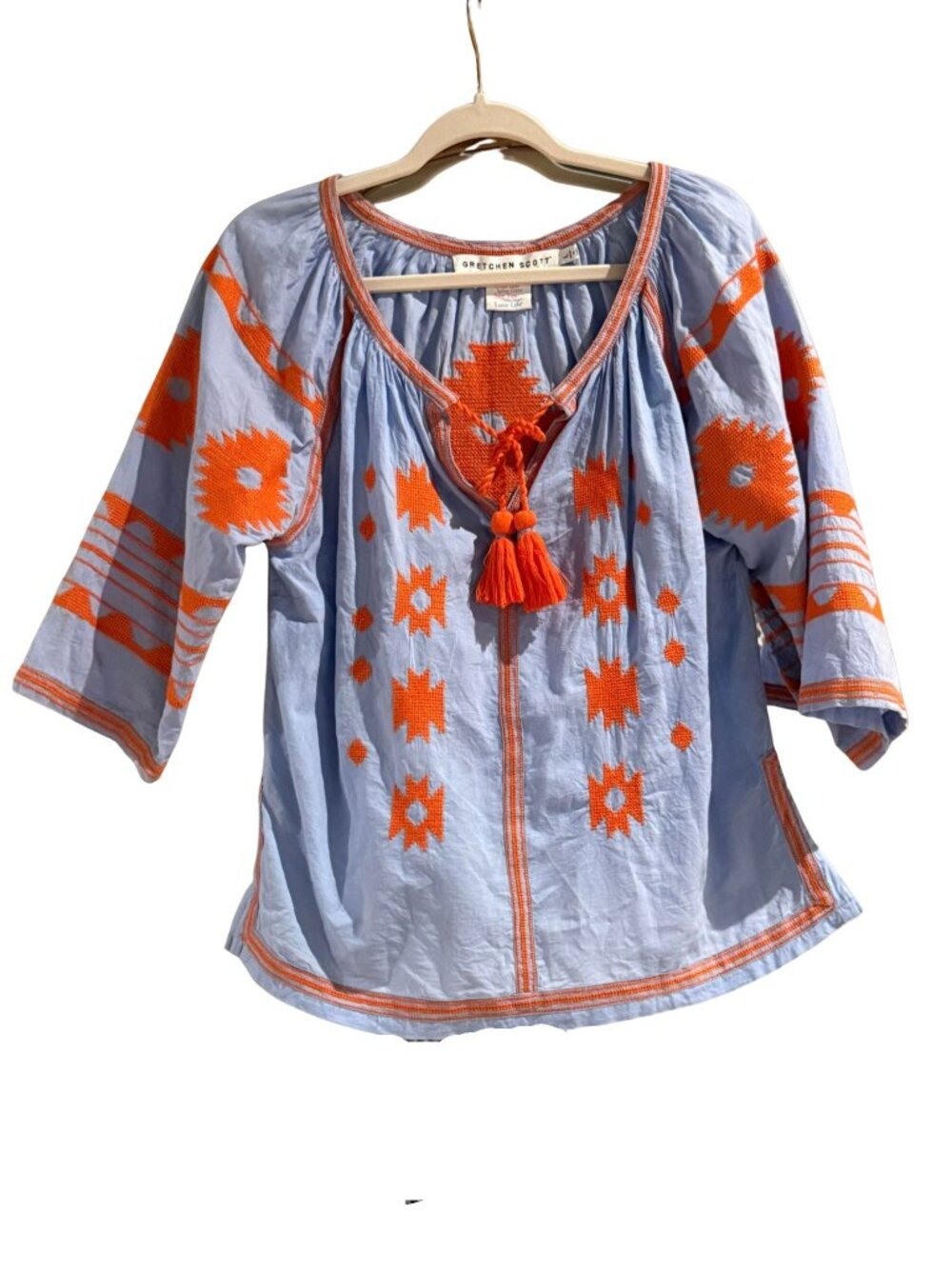Gretchen Scott Large Blue Orange Embroidered Cotton Tassel Tunic Top